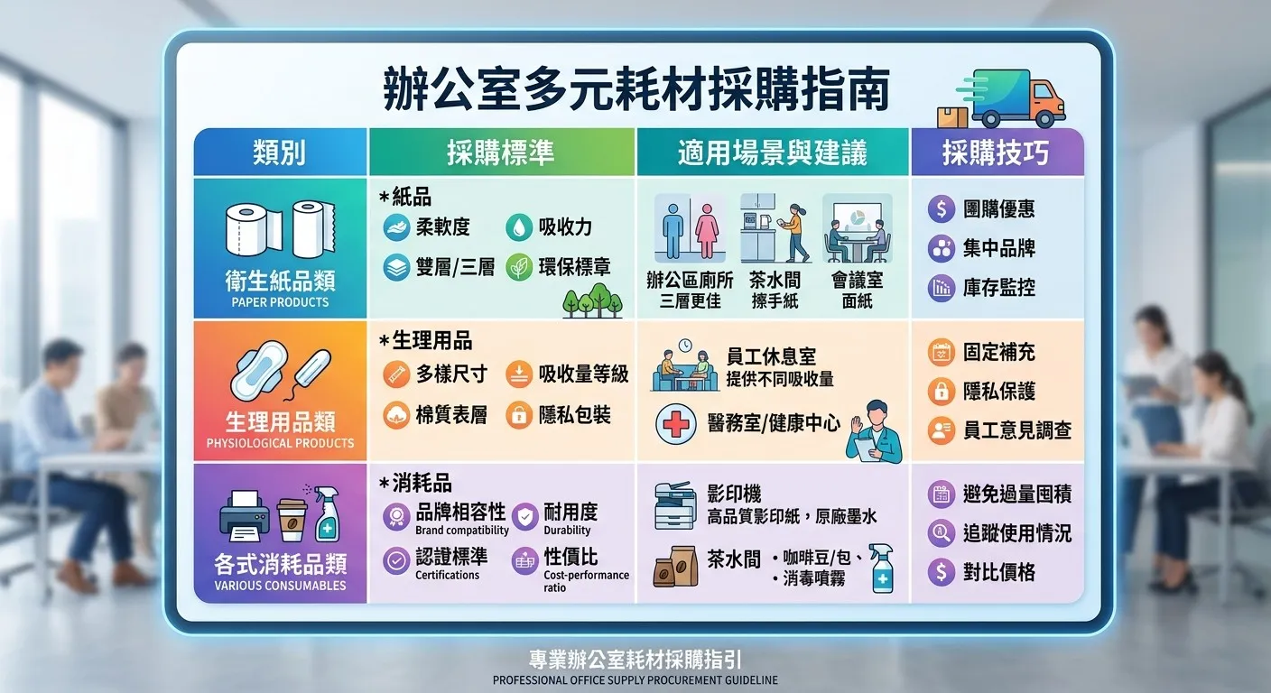 一張圖表展示辦公室多元耗材採購指南,包含衛生紙、衛生棉與各式