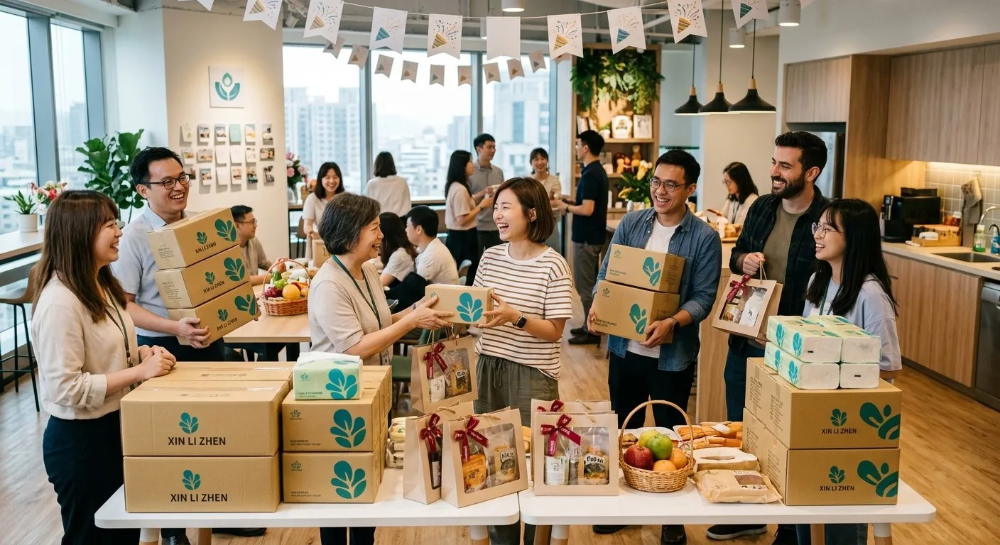 展現企業員工開心地領取團購衛生紙與福利品的溫馨情境圖