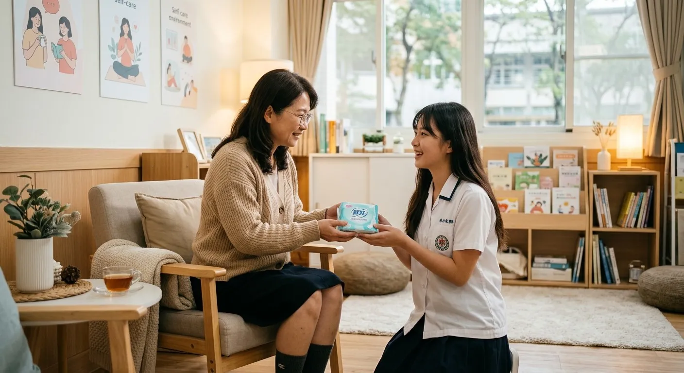 老師親切地遞給女學生知名品牌生理用品的溫馨畫面