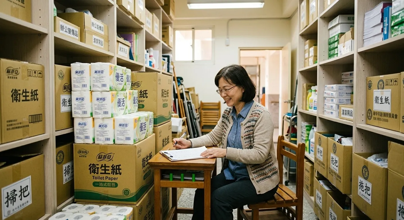 展現學校老師在儲藏室中,安心核對整齊堆疊的衛生紙與備品紙箱的