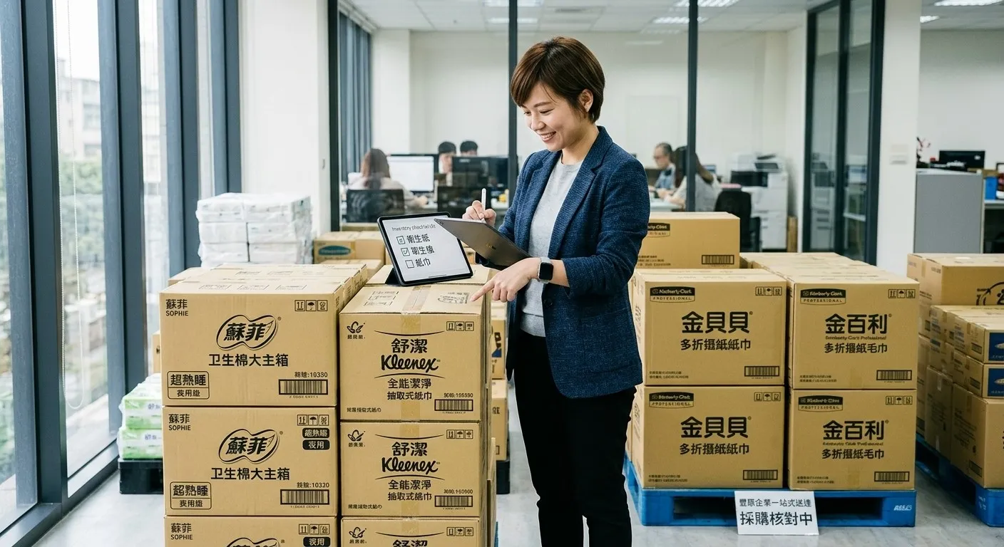 一張展現企業採購人員正在核對一站式送達的知名品牌紙巾與衛生棉