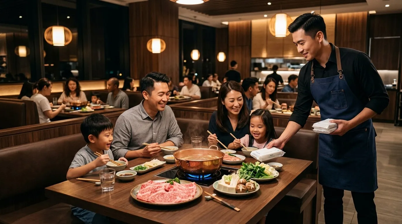 展現火鍋店員工正在桌邊為客人補充高質感濕紙巾與點燃安全瓦斯爐