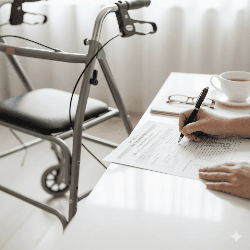 特寫手部填寫補助申請表，旁有助行器。