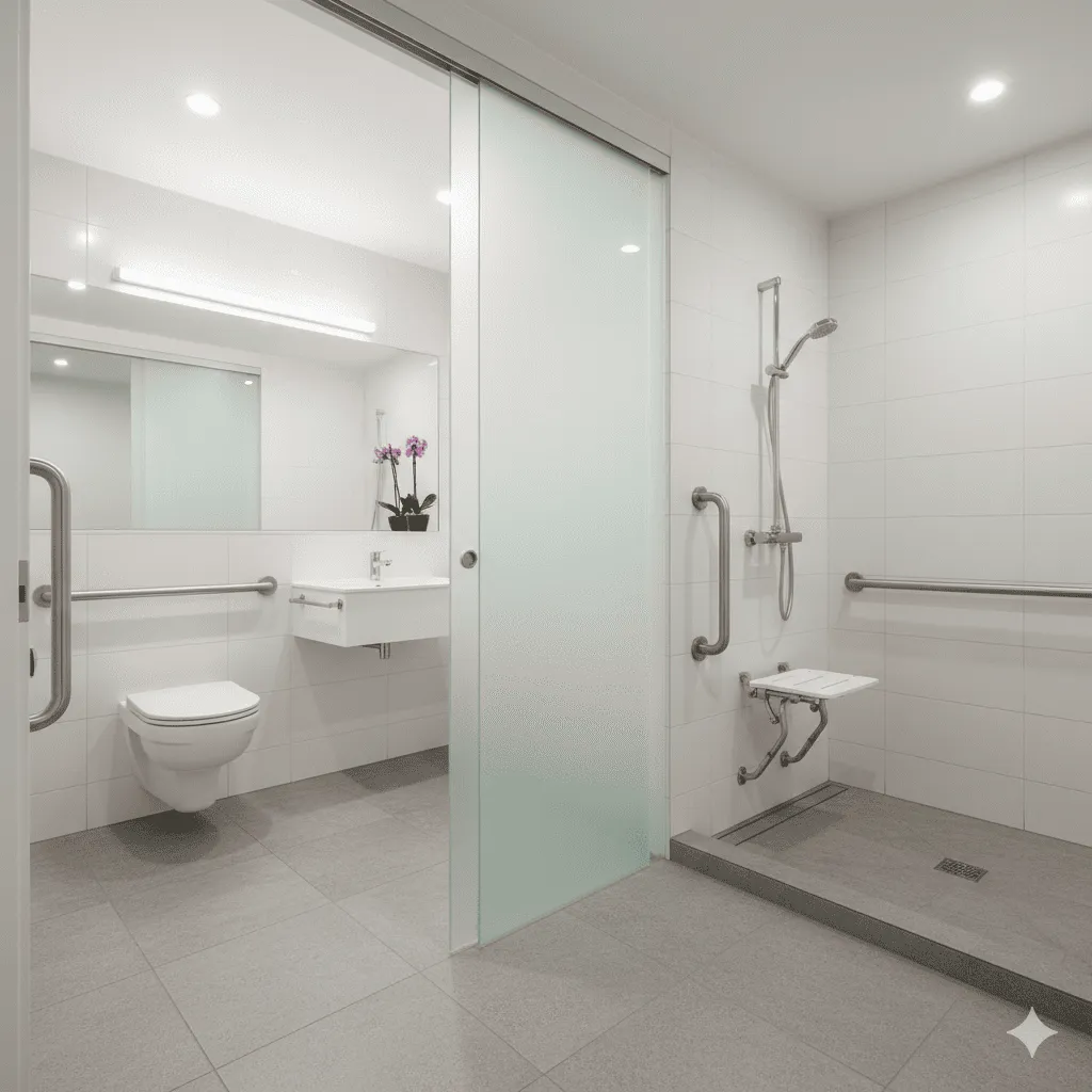 改裝後的無障礙浴室，安裝扶手與寬敞門。