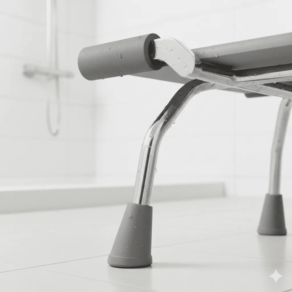 防滑洗澡椅細節特寫，展示可掀扶手功能。