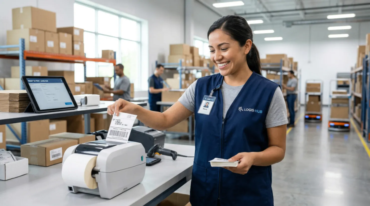 員工使用高效設備快速處理出貨清單的情境