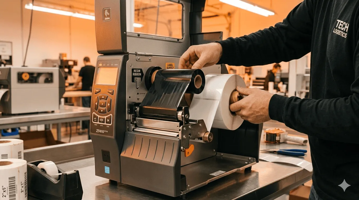 員工正在將整捲防水珠光貼紙放入工業設備中