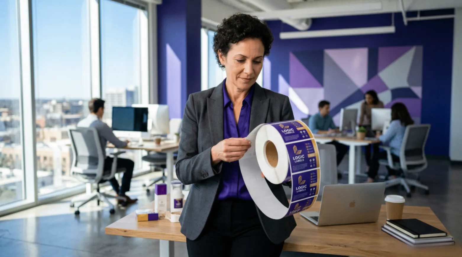 業家在明亮辦公室檢視整捲精美代印標籤