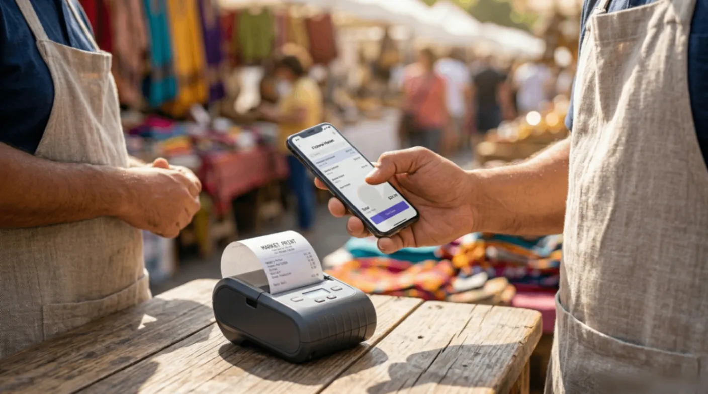 戶外市集攤主透過手機操作藍芽列印設備結帳