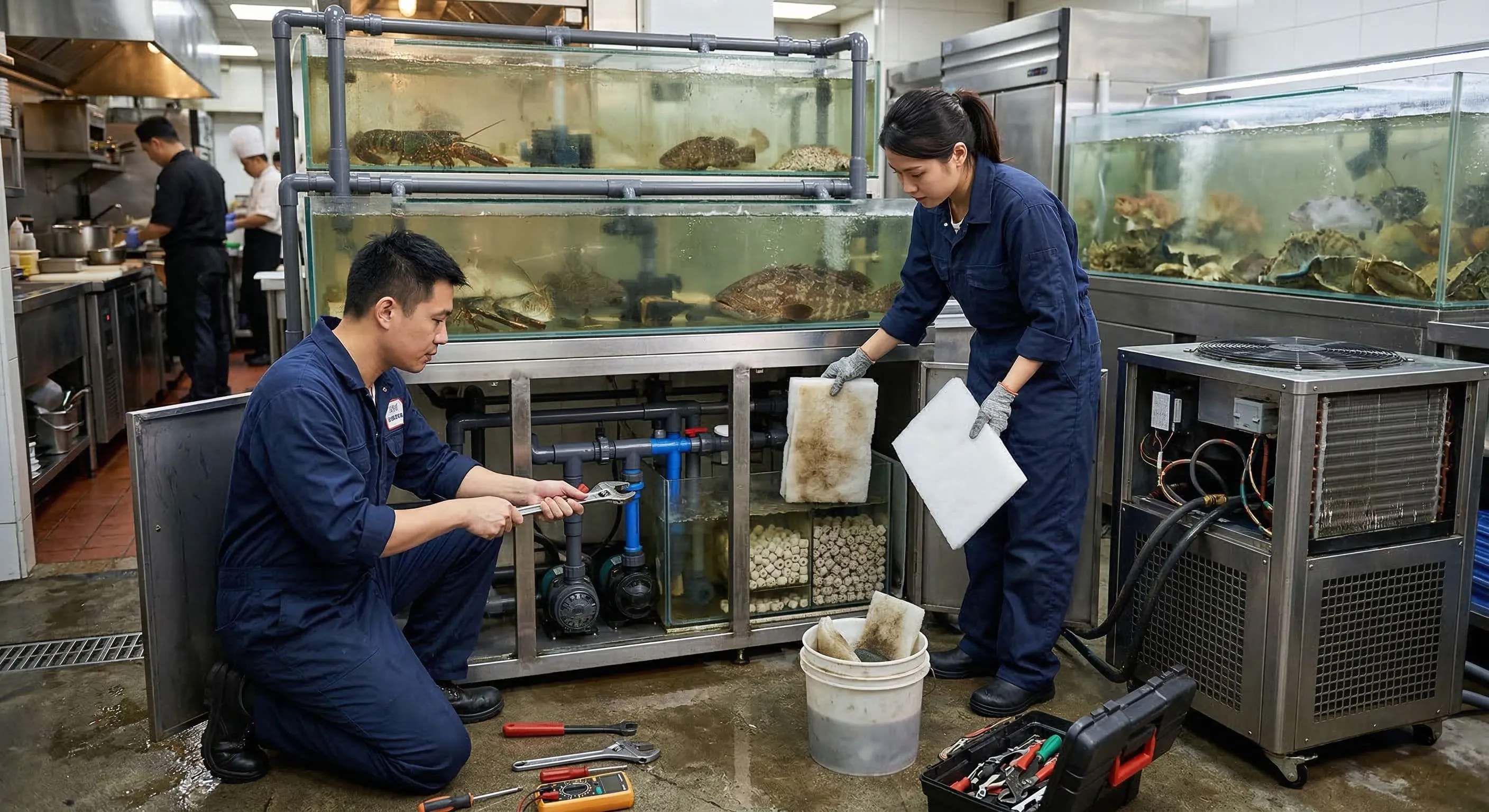 2-1營業用魚缸維修與保養全解析：冷水機、濾材與底濾管線的日