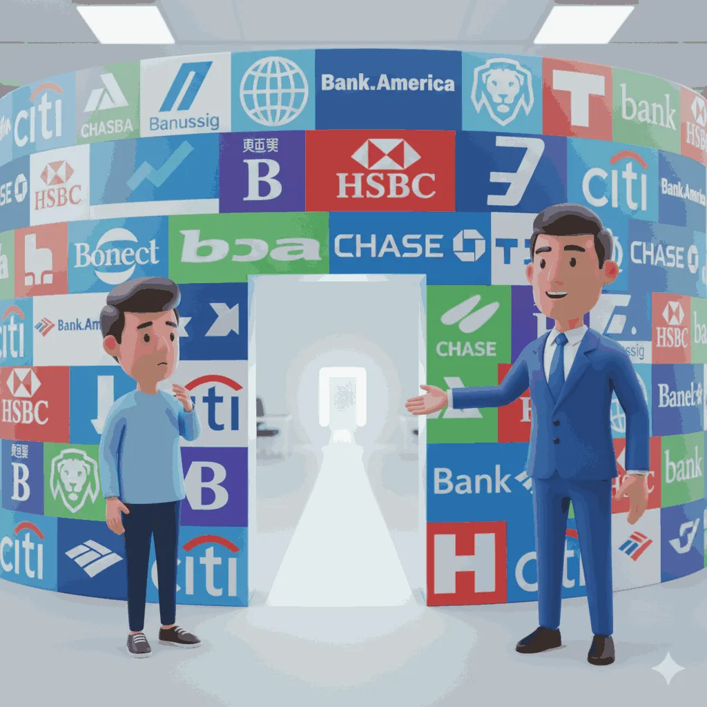 迷宮中有數個不同的門，都標示著「銀行」，一位專業顧問正引導著