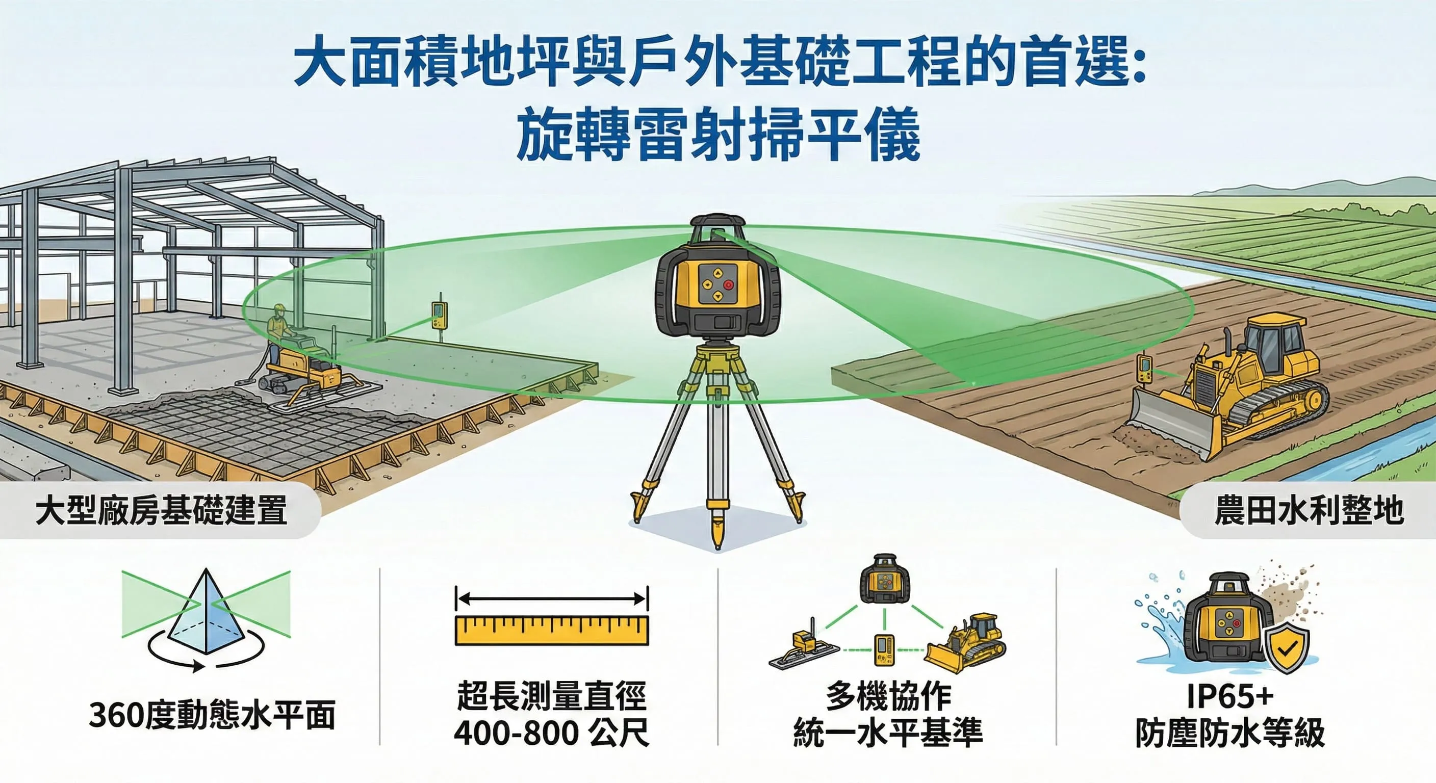 大面積地坪與戶外基礎工程的首選：旋轉雷射掃平儀