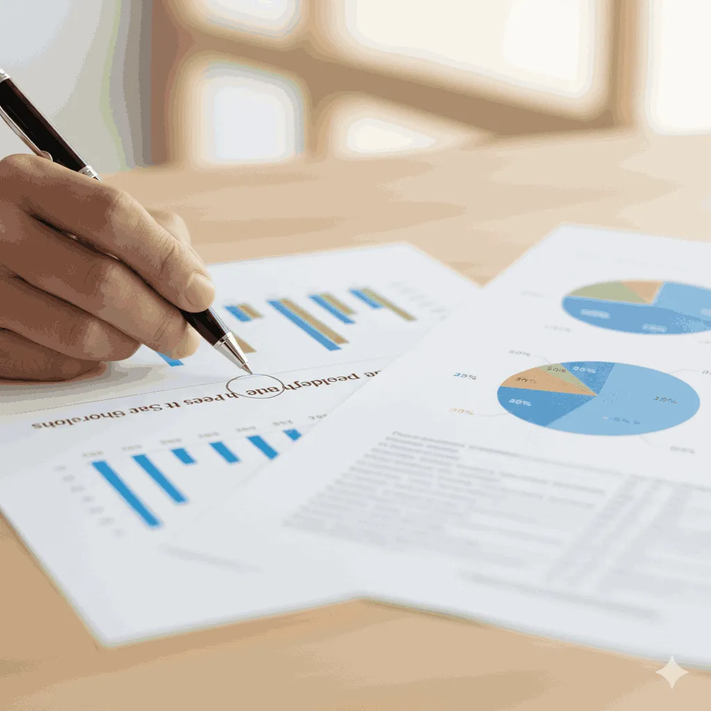 一位專業顧問正在為一份商業計畫書做最後的潤飾,旁邊有一張清晰