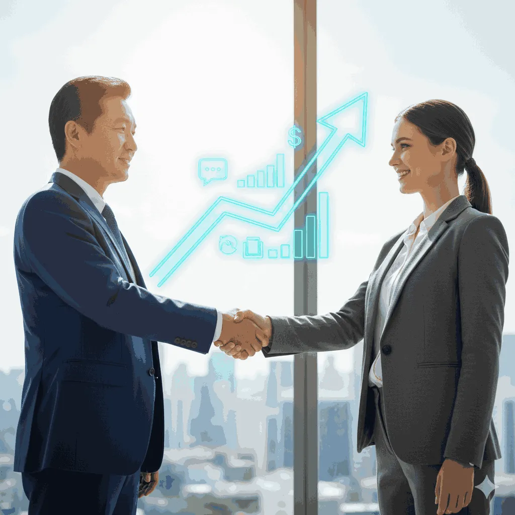 兩位商務人士(一位代表顧問,一位代表客戶)愉快地握手,背景是