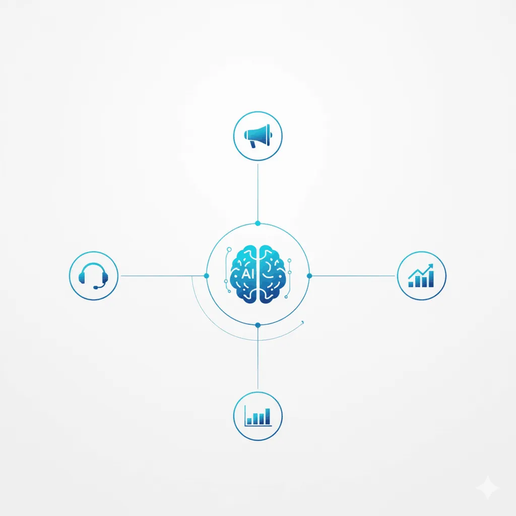 一張清晰的流程圖或心智圖,中心是「AI 數位員工」,周圍分支