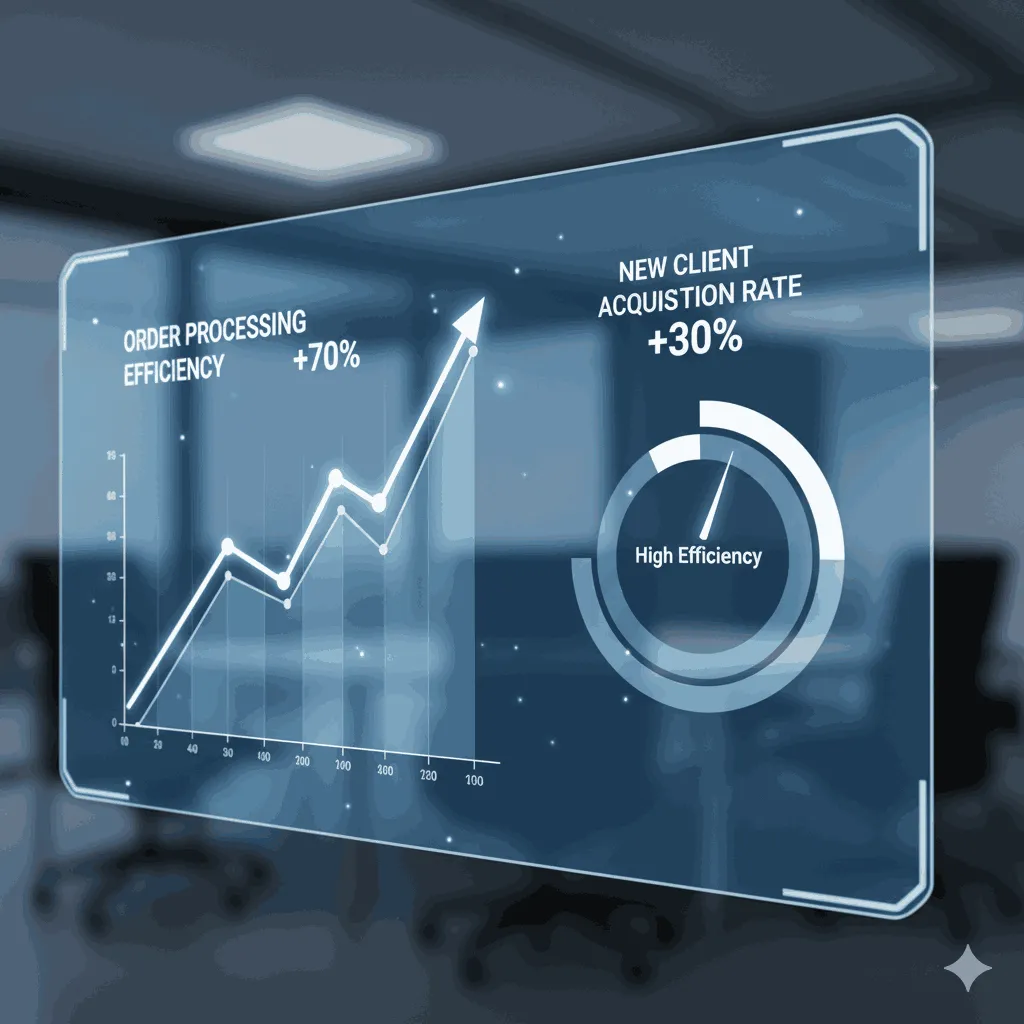 一個現代化的數位儀表板,清晰地展示了企業導入 AI 後的關鍵