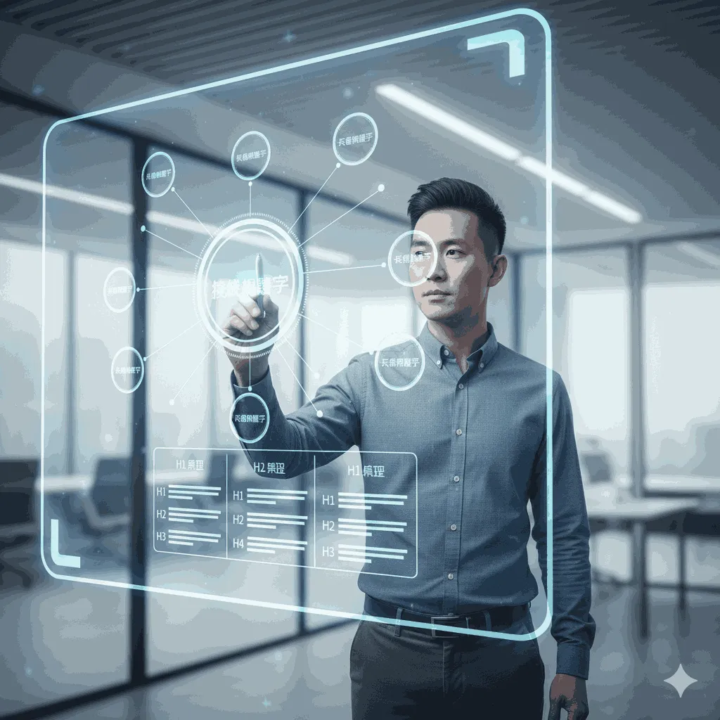 一位專家正在數位白板上規劃內容架構,上面有關鍵字氣泡圖、文章