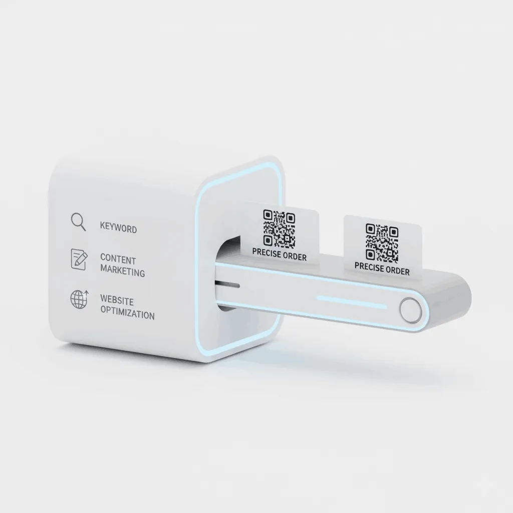 一台風格簡潔的機器,輸送帶一端輸入「關鍵字」、「內容」等原料