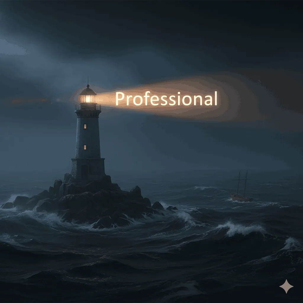 一個燈塔,塔頂發出光芒,光芒中投射出Professional