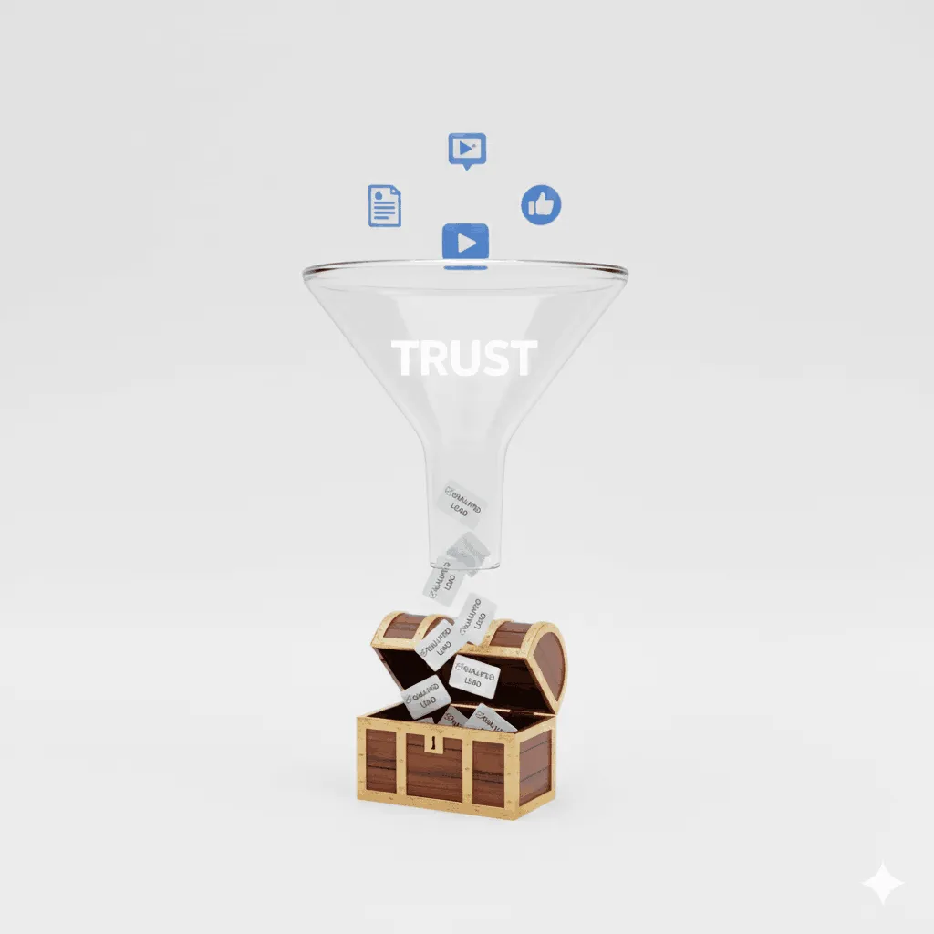 一個清晰的漏斗圖,最上層是部落格文章、社群貼文等「內容」,中