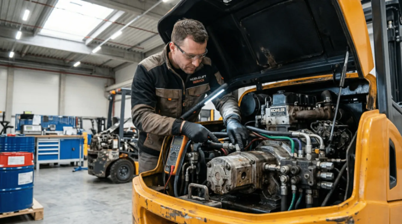 專業技師檢驗二手堆高機引擎與油壓系統