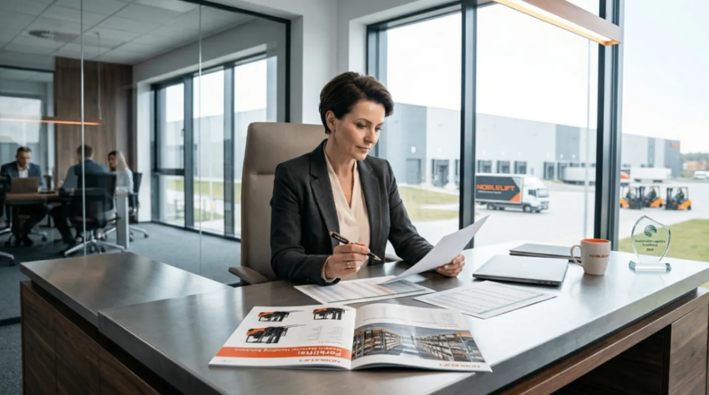 企業主管在辦公室分析堆高機採購與租賃報價單