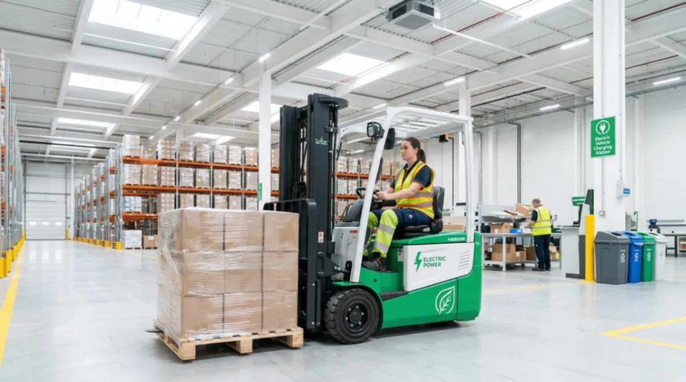 乾淨無噪音的室內倉儲中操作電動堆高機