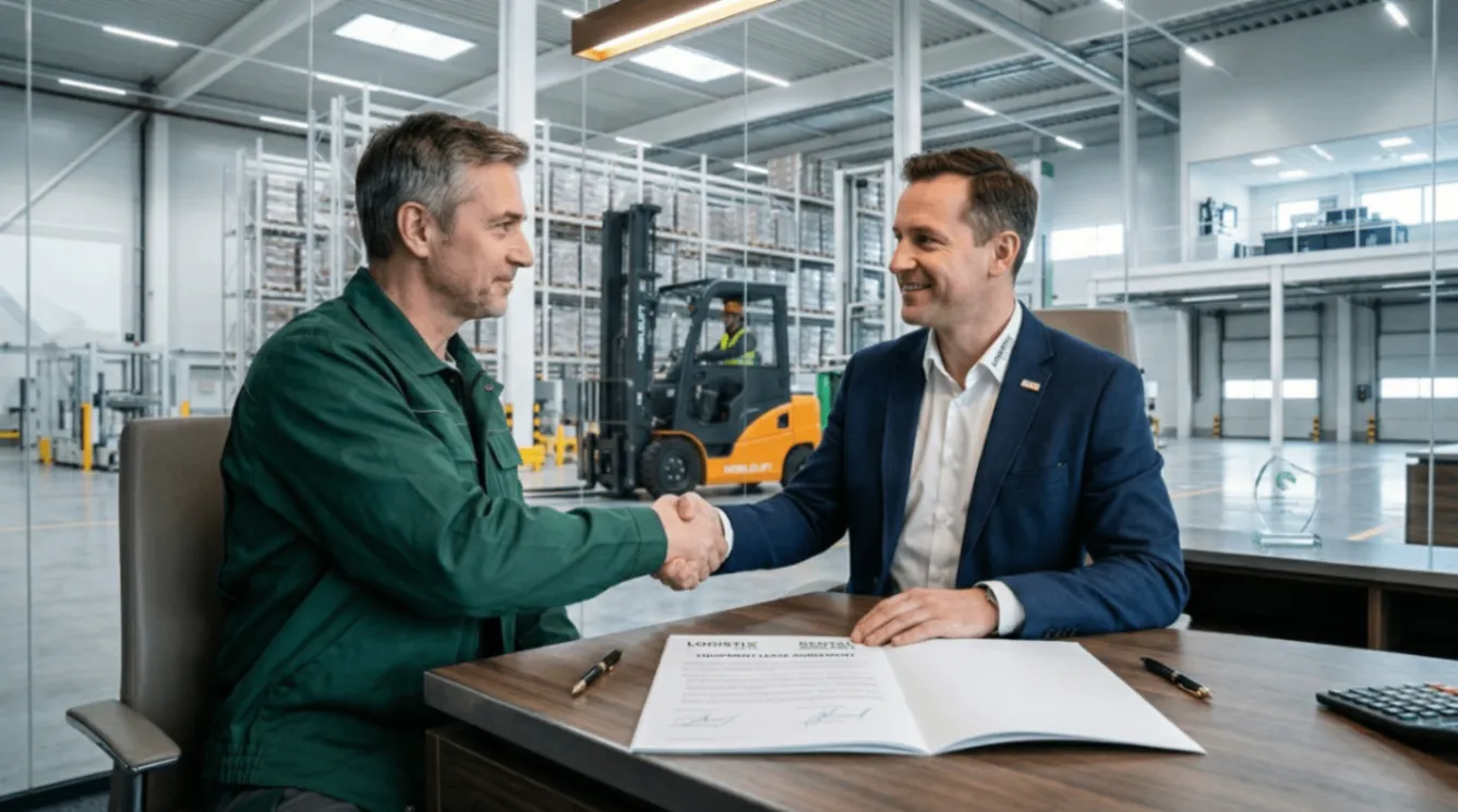 廠務人員與租賃公司代表正在簽署設備合約