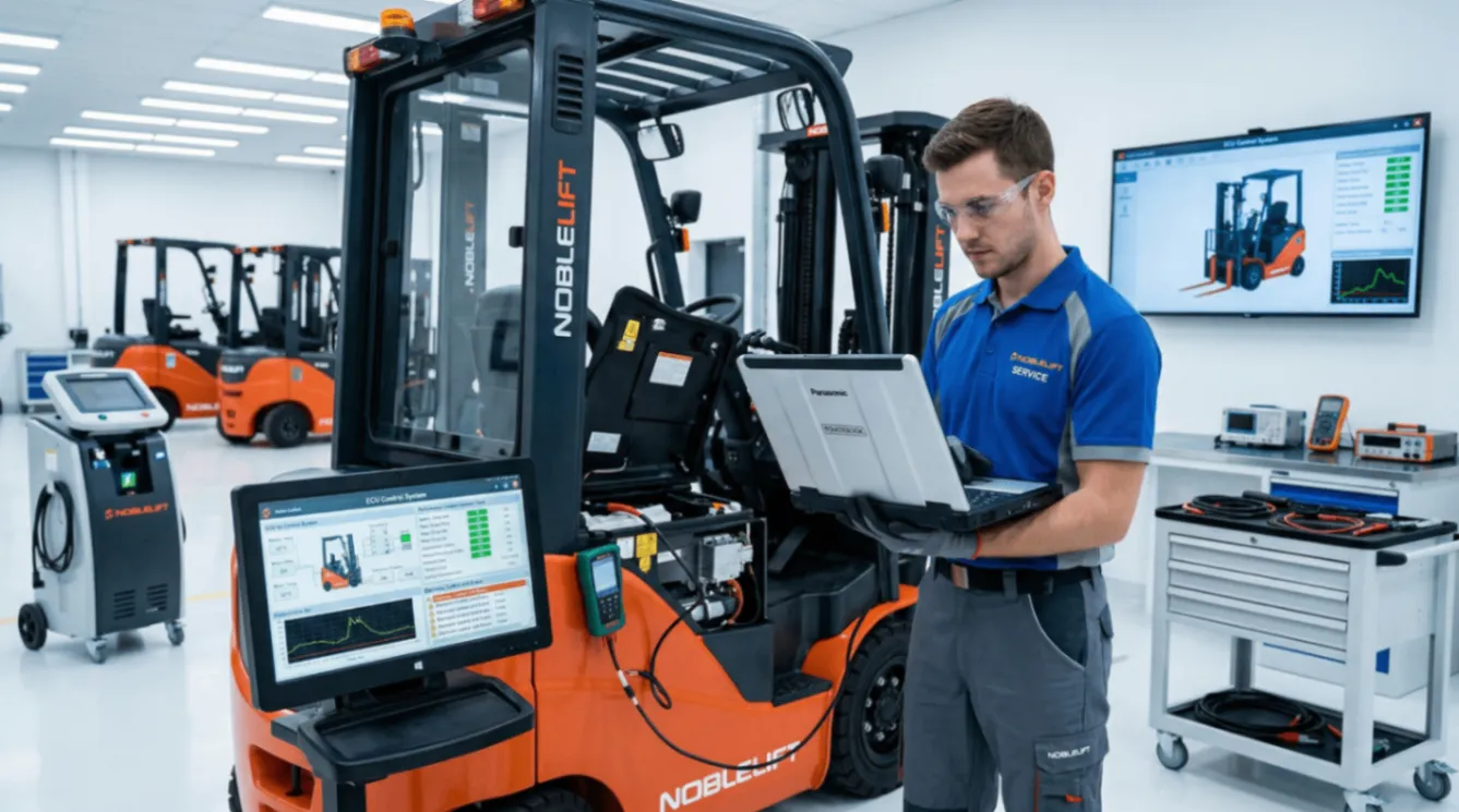 專業技師使用筆記型電腦診斷電動堆高機電控系統