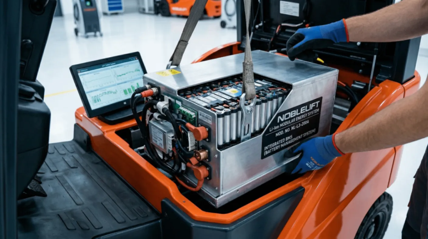 特寫堆高機鋰電池模組，展現其乾淨與高科技感