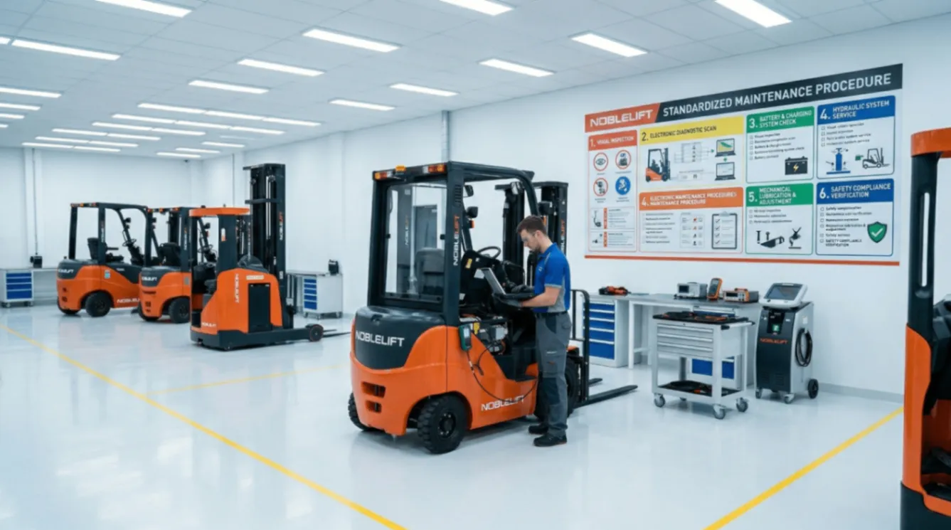 整潔的堆高機維修廠房，牆上掛著標準化保養流程圖