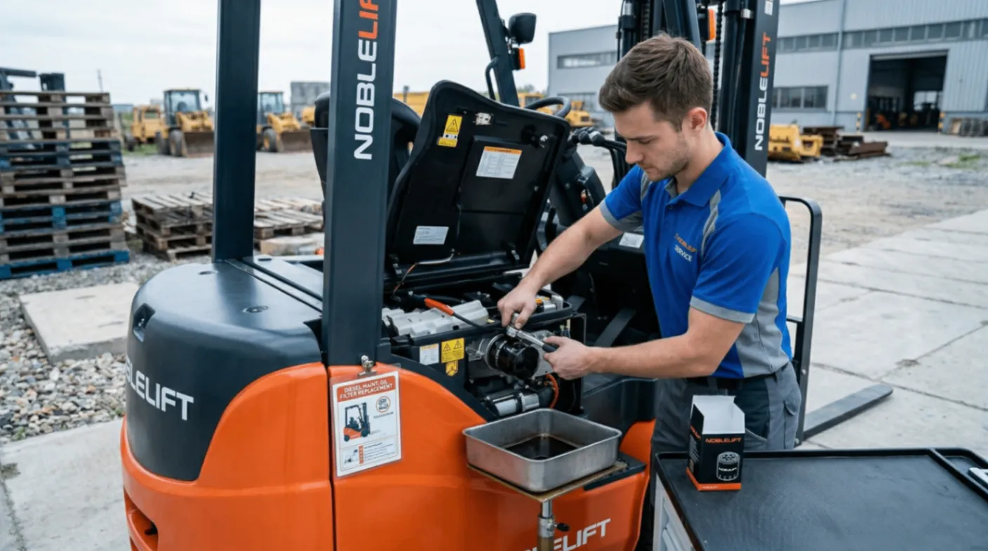 戶外作業區，技師正在為柴油堆高機更換機油濾芯