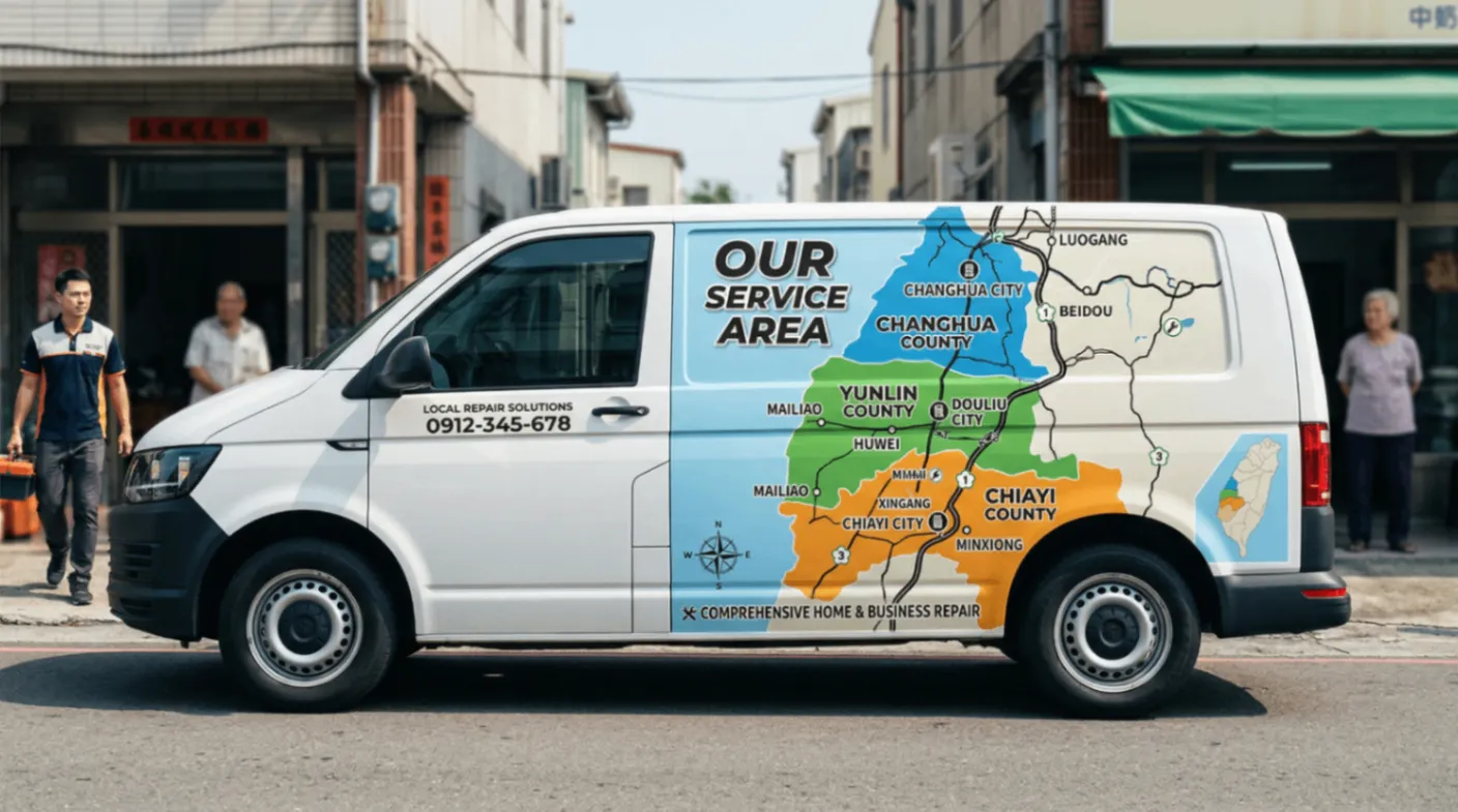 在地維修廠的服務車，車身印有「彰化、雲林、嘉義」服務區域圖
