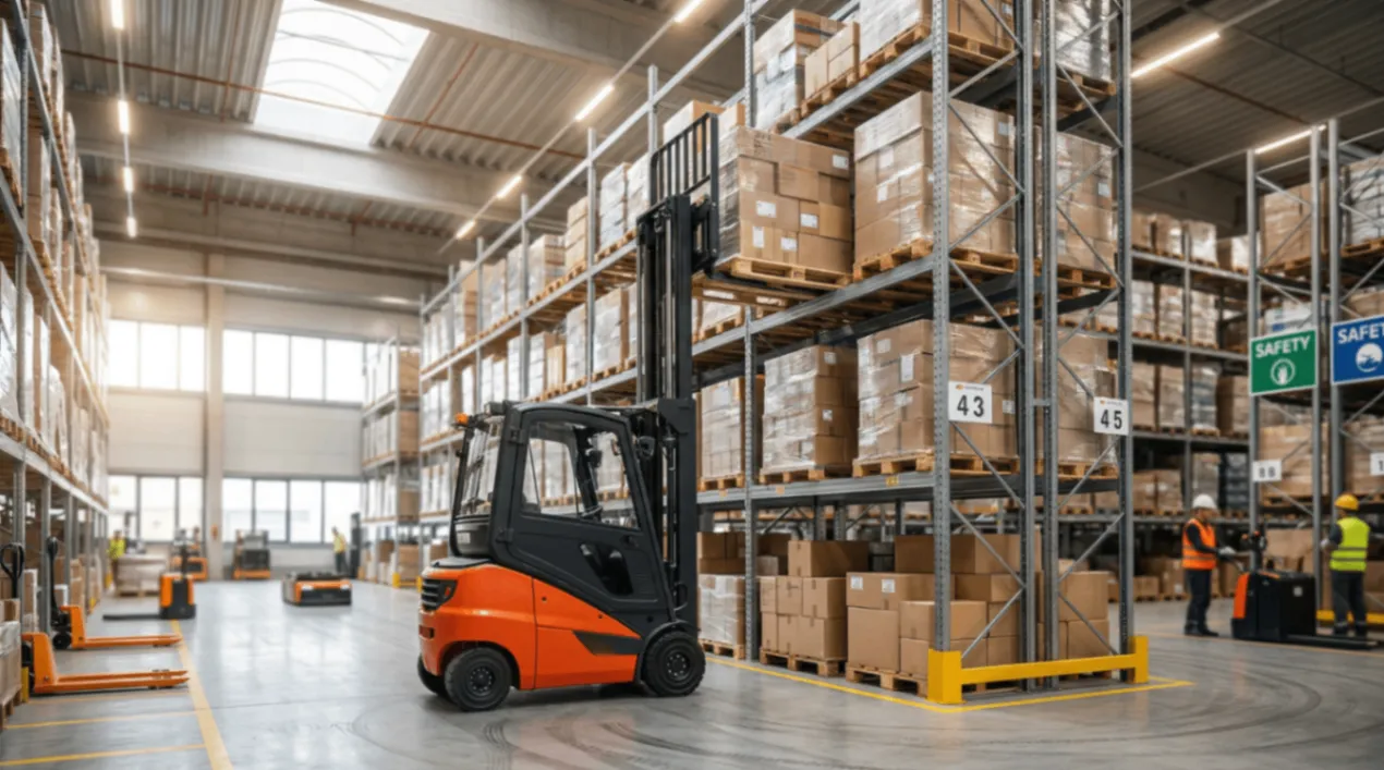 明亮整潔的現代化倉庫，堆高機正將貨物精準放入高聳的重型物料架