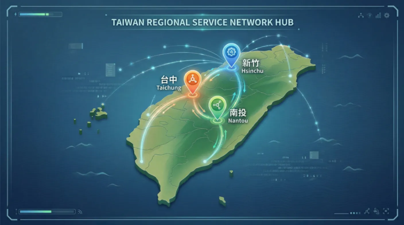 一張台灣地圖，特別標示出新竹、台中、南投並連成服務網絡