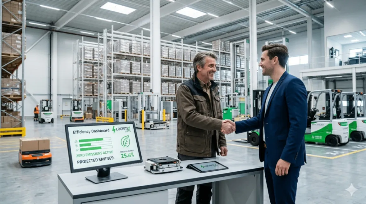 企業主與物流方案顧問滿意地握手，背景是嶄新高效的倉儲環境