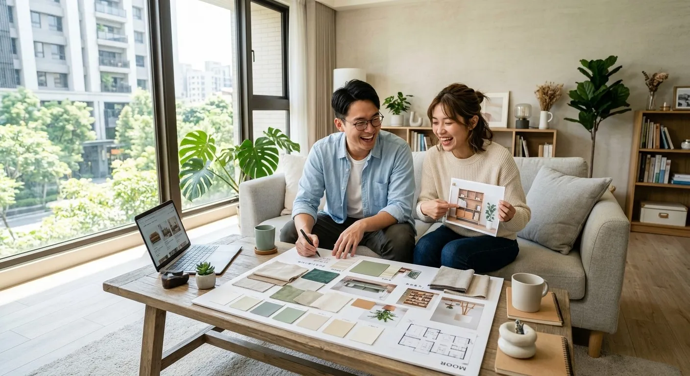 年輕夫妻在明亮的客廳中開心討論未來的居家佈置