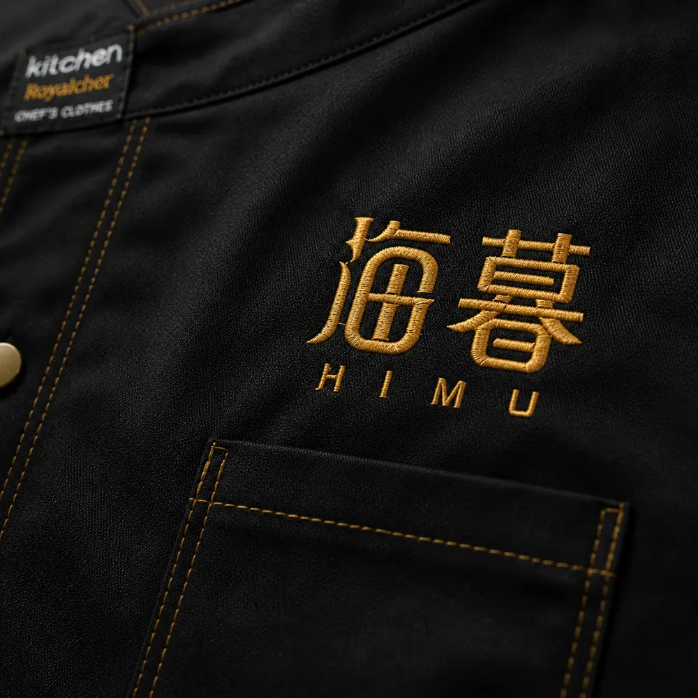黑色餐飲制服搭配金色Logo刺繡，清楚呈現中文字與英文刺繡的
