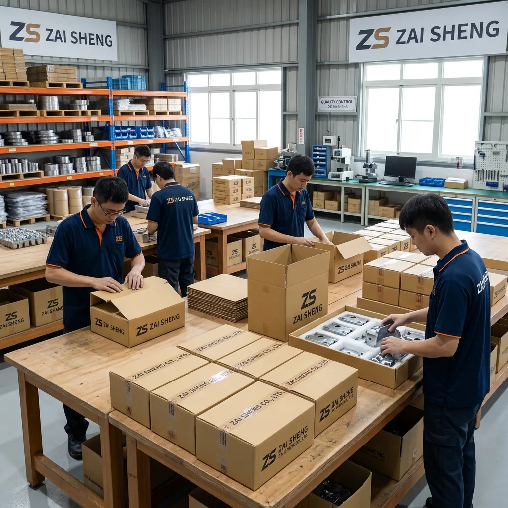 工作人員正專注地進行 五金零配件的檢驗、整齊裝箱與專業封箱