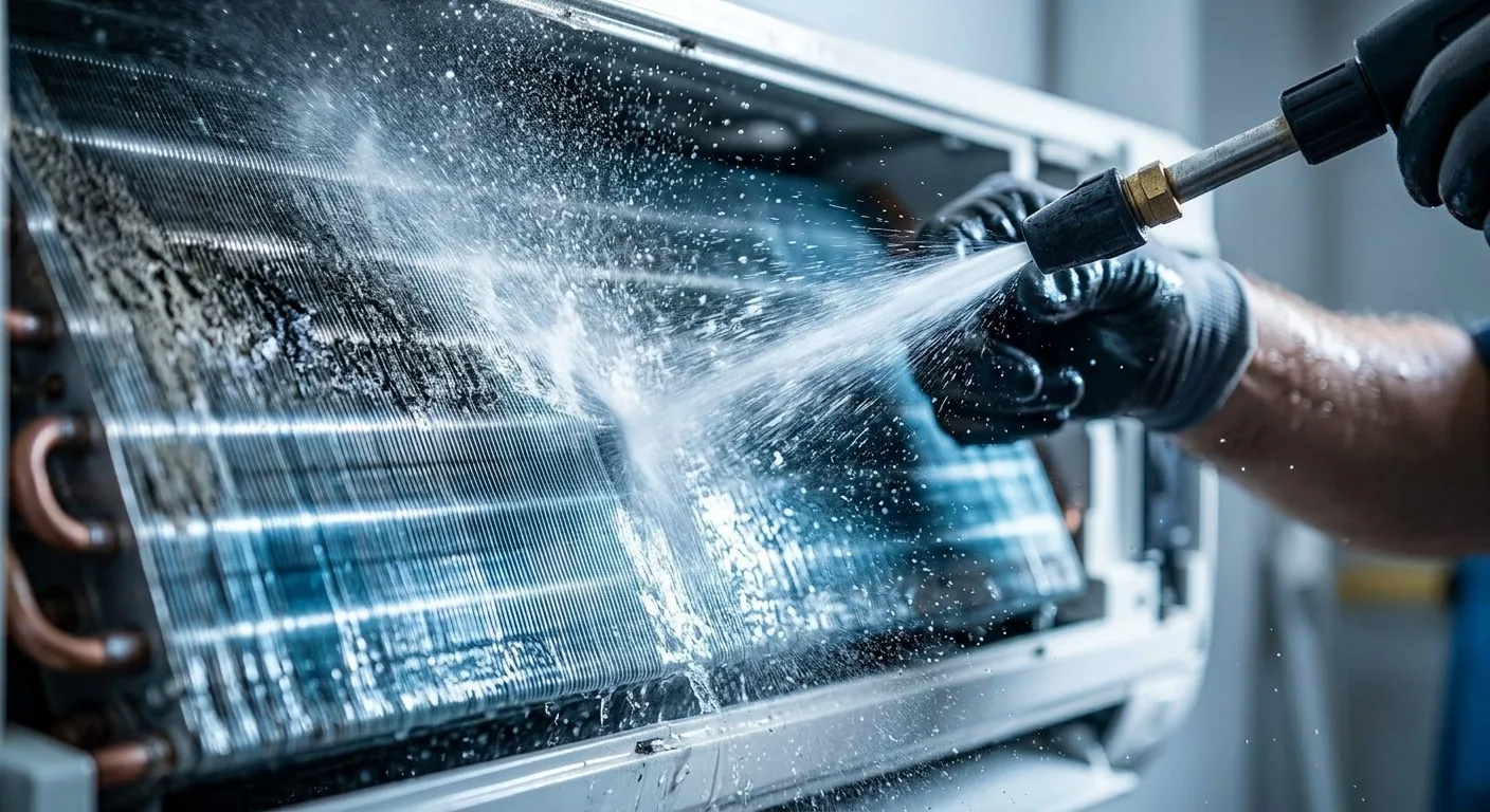 特寫鏡頭下專業水槍清洗冷氣鋁鰭片
