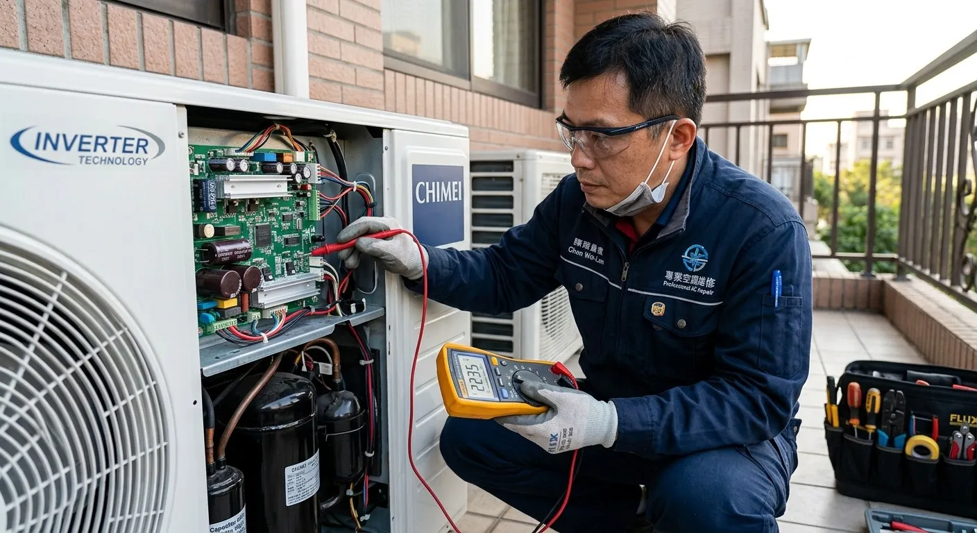 專業技師手持數位儀器檢測變頻冷氣主機板