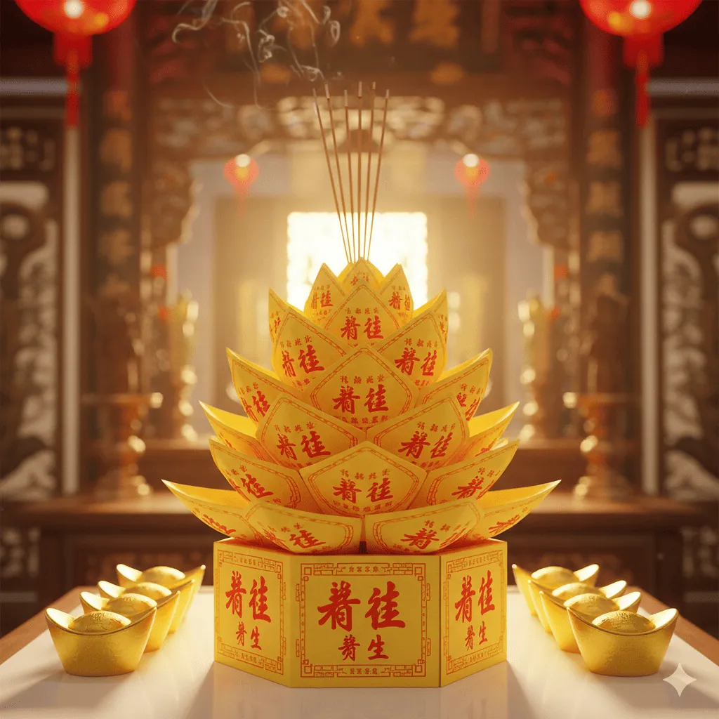 擺放在供桌上的 九 轉 壽 生 蓮花,專用於祈福許願與消除冤