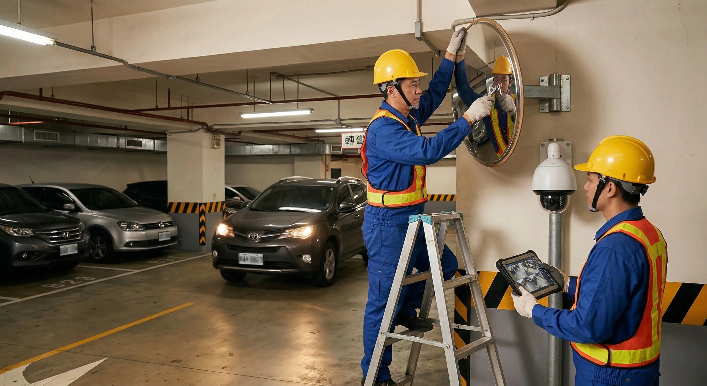 2-1終結車道與社區盲區！停車場廣角鏡安裝與監視器維修保養全