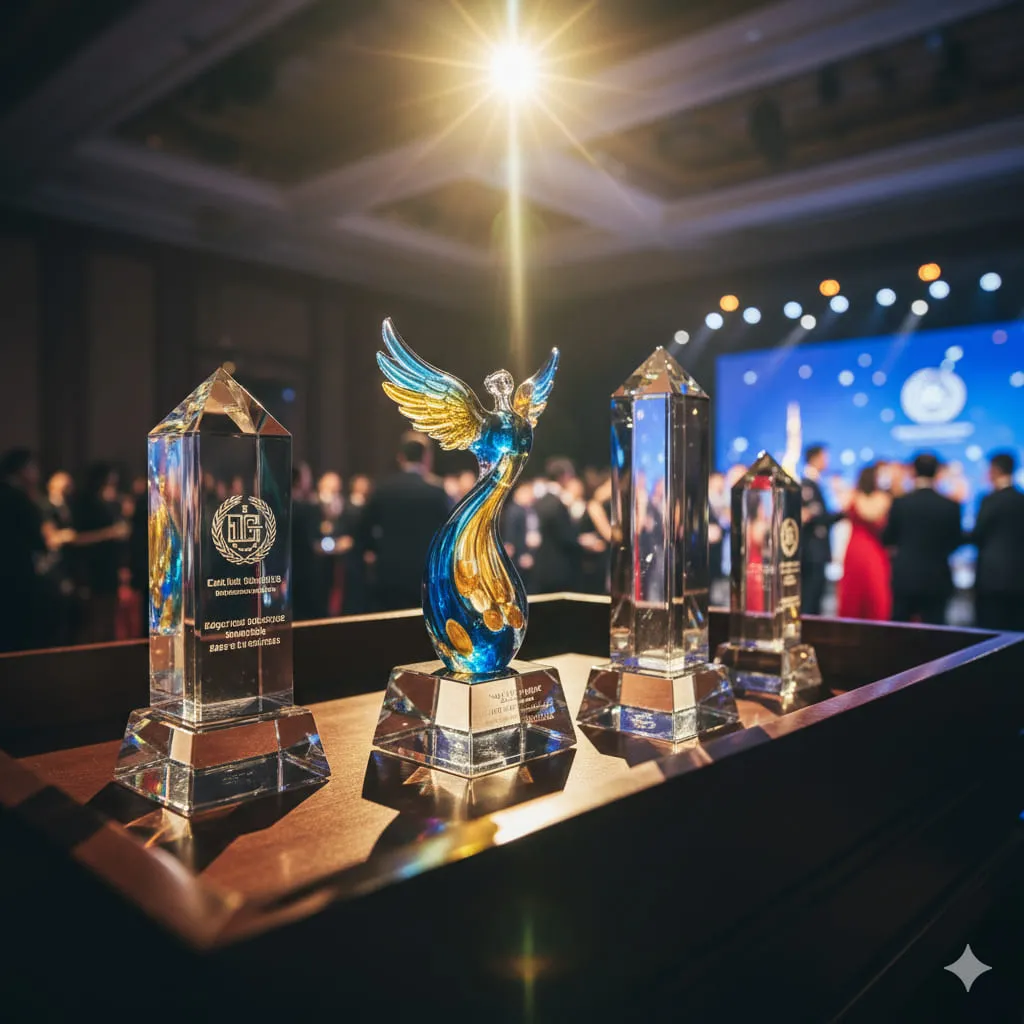 光線穿透的高質感水晶與琉璃獎盃