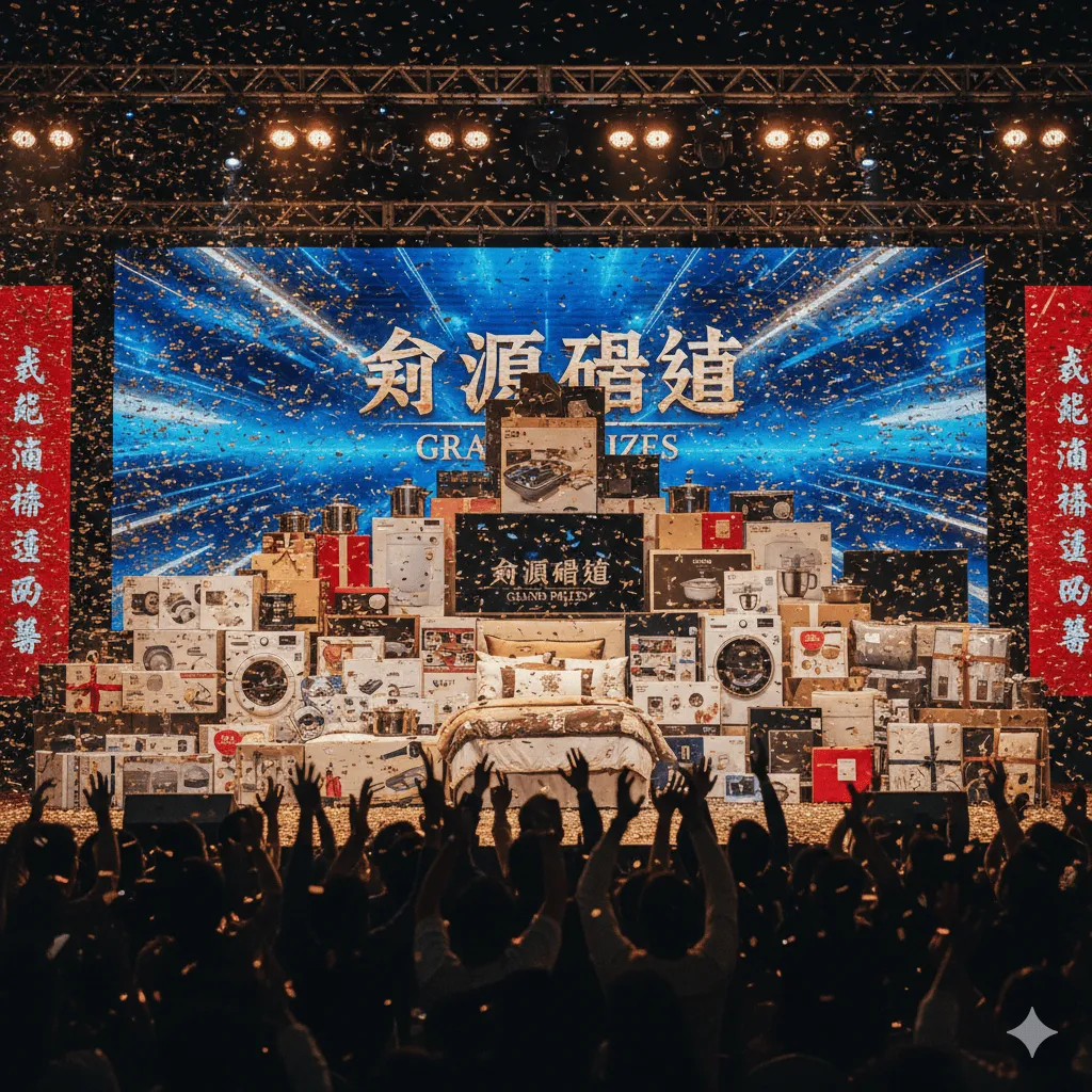 尾牙會場堆疊的精美禮盒與家電獎品