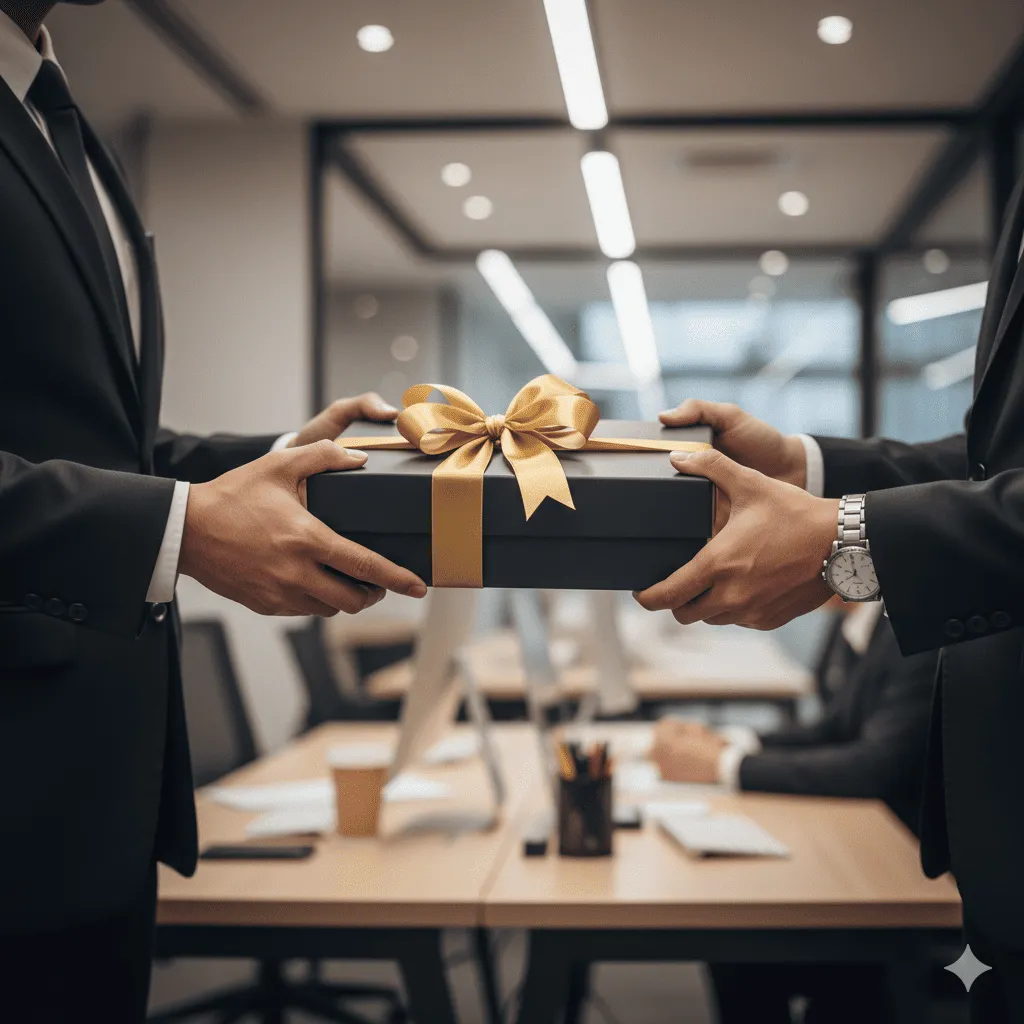 穿西裝的商務人士雙手遞送黑色禮盒