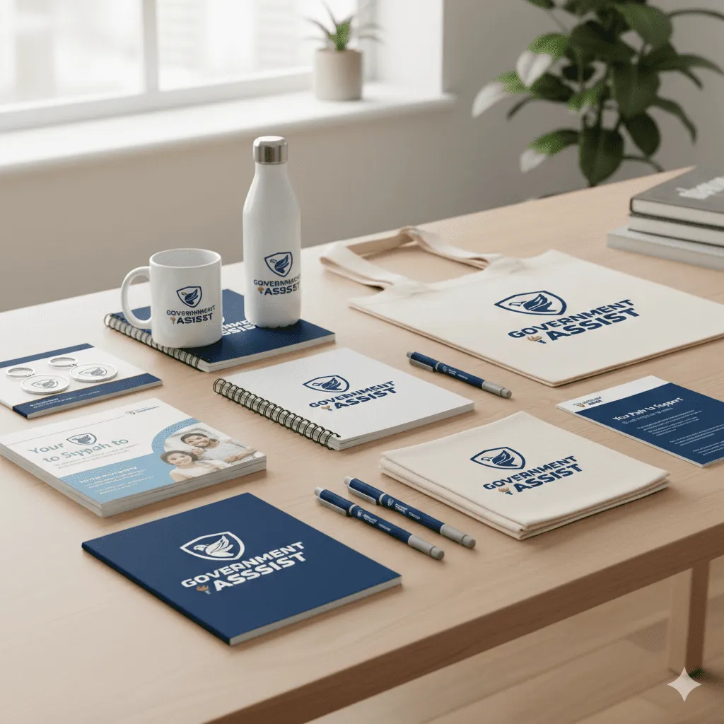 整齊排列的政府宣導品與學校文具