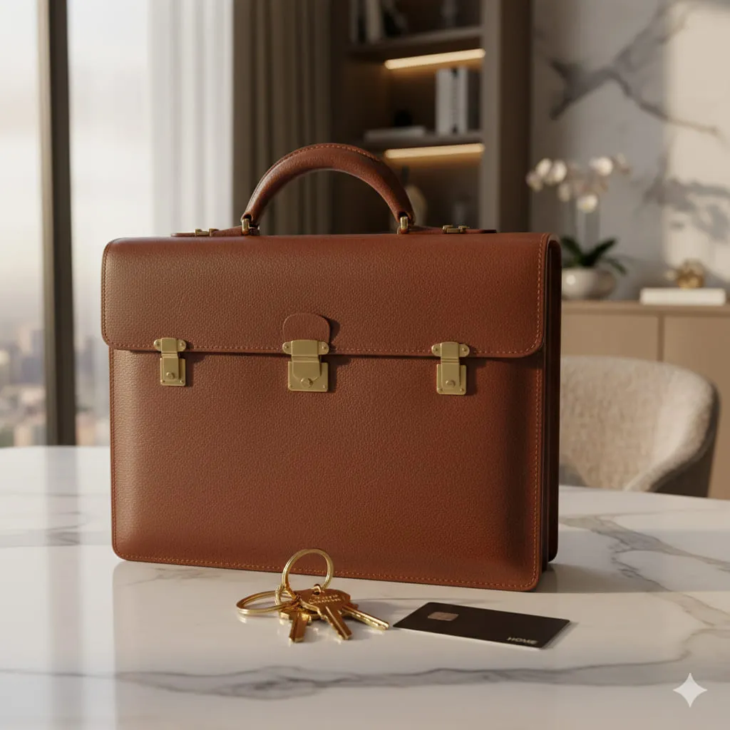 豪宅桌面上精緻的皮質交屋包與鑰匙