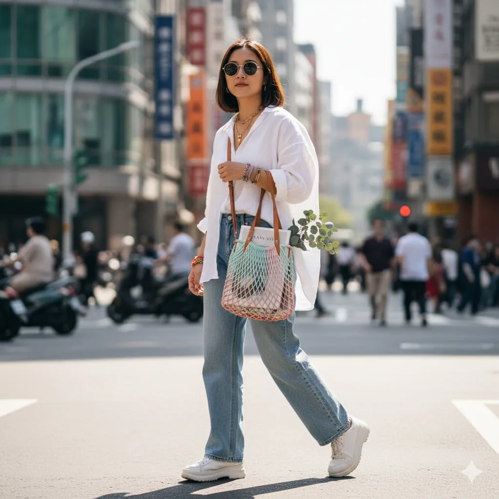 時尚配色的改良式茄芷袋背在年輕人肩上