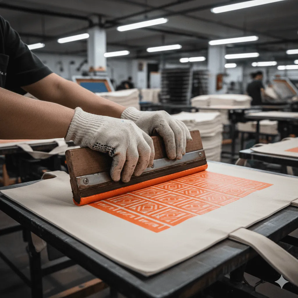 師傅進行帆布袋網版印刷的手部特寫